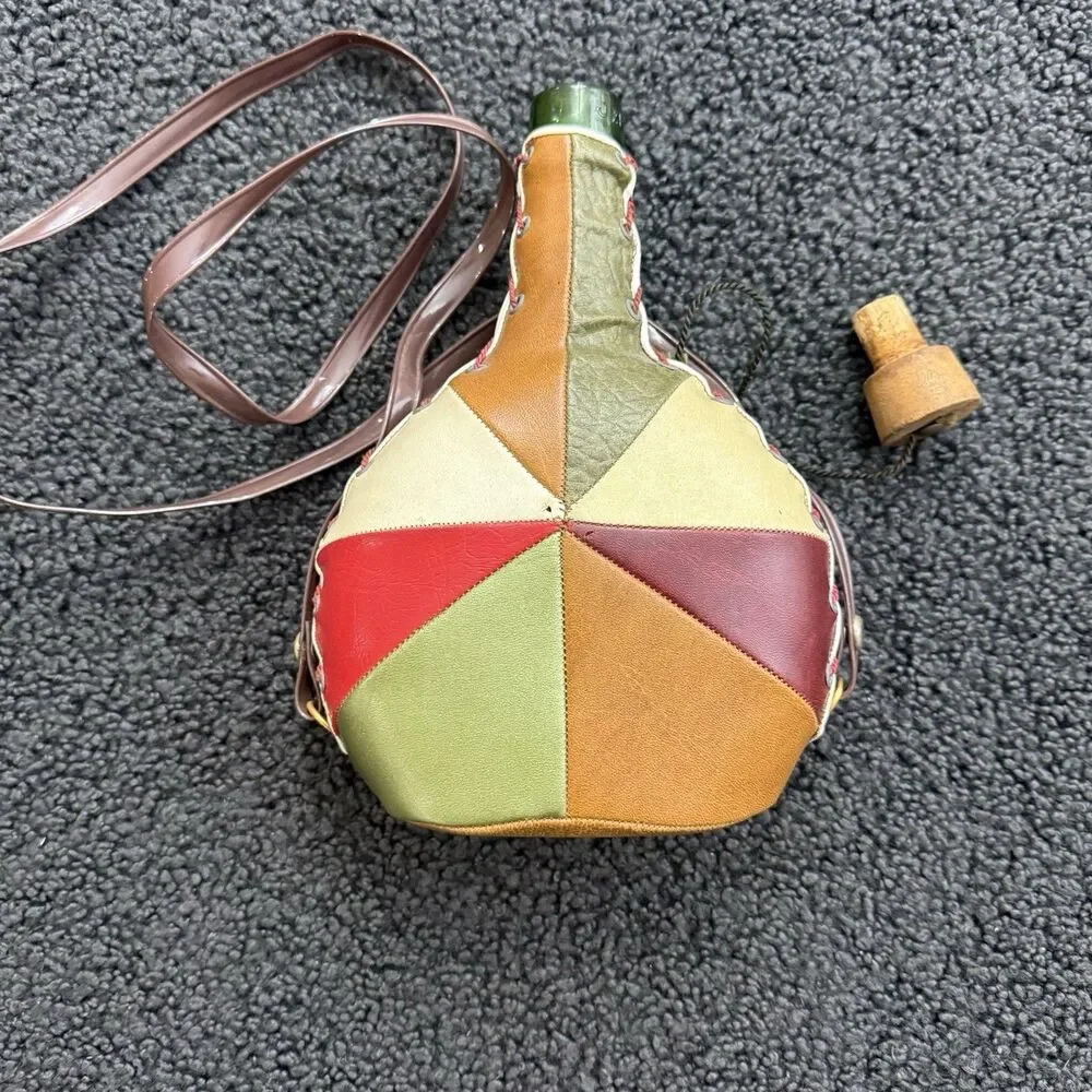 Vintage Patch Leather Wrapped Glass Bota Canteen Bottle 11” Wood Cork